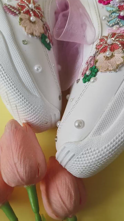 FUNKY N TRENDY “Pastel Garden Handcrafted Sneakers – Floral Magic” with customized wedding date / name initials