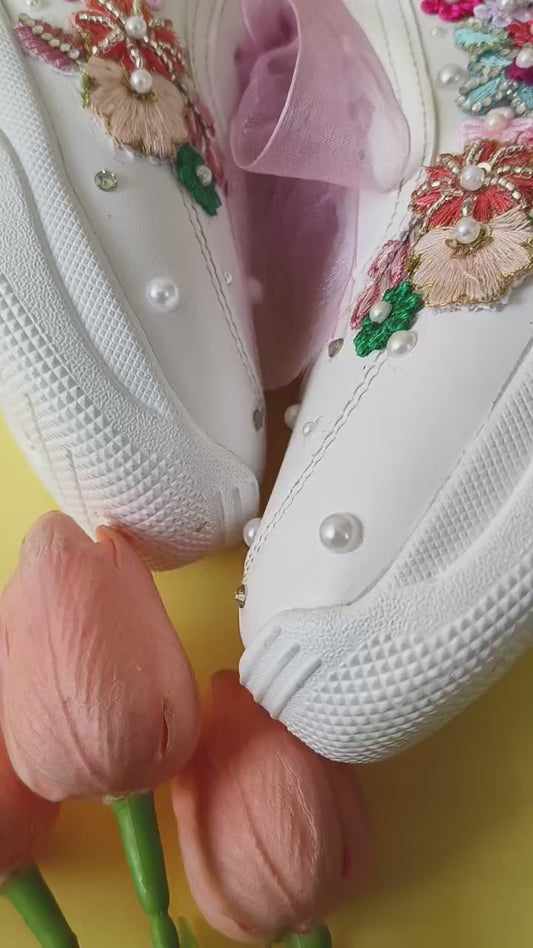 FUNKY N TRENDY “Pastel Garden Handcrafted Sneakers – Floral Magic” with customized wedding date / name initials