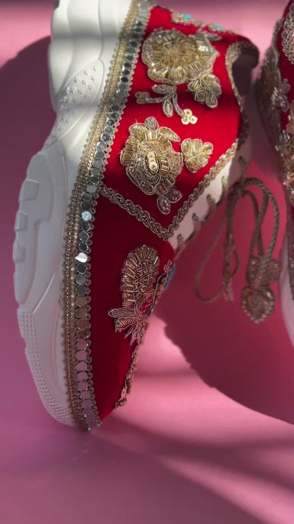 Funky N Trendy Peacock Magic Red Bridal Sneakers – Dance-Ready & Personalised