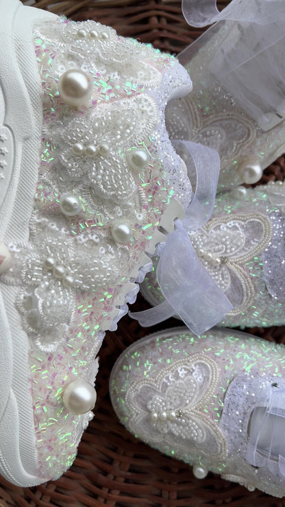 FUNKY N TRENDY white butterfly embroidery sneakers for brides /white silver embroidered sneakers/ handcrafted sneakers/ butterfly sneakers / bridal sneakers / bridesmaid sneakers/ silver and white hand work sneakers