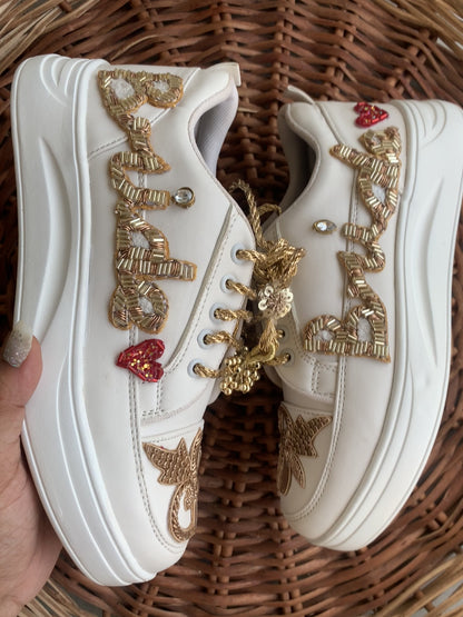 FUNKY N TRENDY “Bride” hand embroidered sneakers / bride shoes/customized shoes/ gold sneakers / golden shoes/ golden sneakers