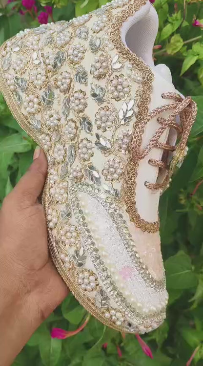 Mirror leaves Pearl blossom Dull gold/ beige Bridal Sneakers – Floral Embroidery” / gold sneakers /ivory sneakers/peach sneakers