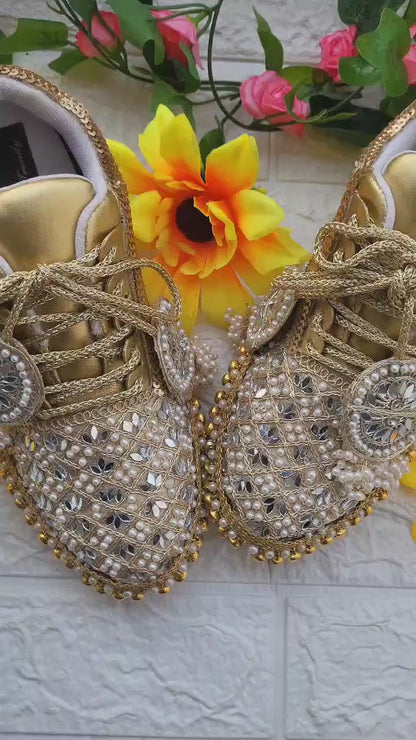 FUNKY N TRENDY golden mirror pearl and sequine work bridal sneakers / bridesmaid sneakers/ gold sneakers / golden sneakers/ ghungaroo sneakers / ghungaroo shoes