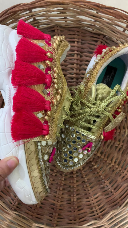 Funky N Trendy Red and Gold embroidery work bridal sneakers/ bridesmaid sneaker / golden sneakers/ Red sneakers / Red shoes / name initial customized shoes / tassel shoes