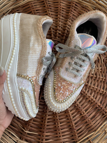 FUNKY N TRENDY tan peach with rose gold hand work sneakers for brides / bridesmaids/ rose gold sneakers / rose gold shoes