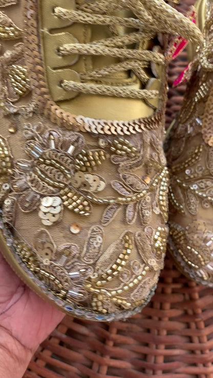Funky N Trendy hand crafted golden bridal sneakers bridesmaid sneakers/ gold sneakers / golden sneakers / golden embroidery sneakers with tint of hot pink tassels