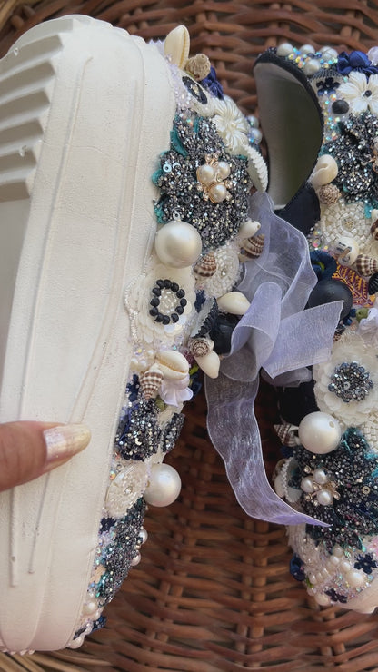 FUNKY N TRENDY floral theme hand work sneakers for brides / bridesmaids/ shells sneakers / pearls sneakers / blue and white shoes / white and blue sneakers / blue sneakers/ nevy blue sneakers / blue shoes