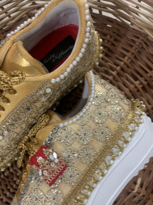 Funky N Trendy hand crafted gottapatti with mirror work bridal sneakers/ bridesmaid sneaker / golden sneakers/ gold sneakers / mirror sneakers