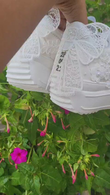 Funky N Trendy white thread work pearl work sneakers with floral detailing / bridal sneakers/ sneaker for bride / white sneakers/ pearl sneakers for bride/custom name initials / wedding date