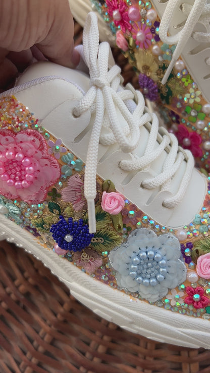FUNKY N TRENDY fully hand crafted floral work with beads rhinestones cutdana etc /bridal sneakers / bridesmaid sneakers/ floral sneakers /colorful sneakers /bridal shoes / haldi mahendi shoes
