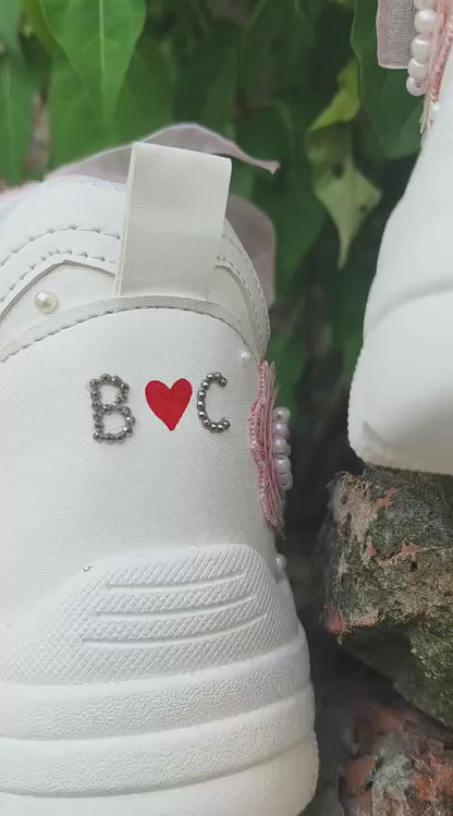 FUNKY N TRENDY purple/white/ pink lilac floral butterfly theme sneakers with pearls detailing for brides / bridesmaids with custom couple name initials/ pink shoes / peach shoes