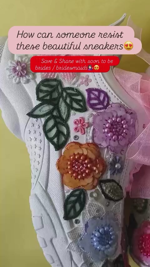 FUNKY N TRENDY “Pastel Garden Handcrafted Sneakers – Floral Magic” with customized wedding date / name initials