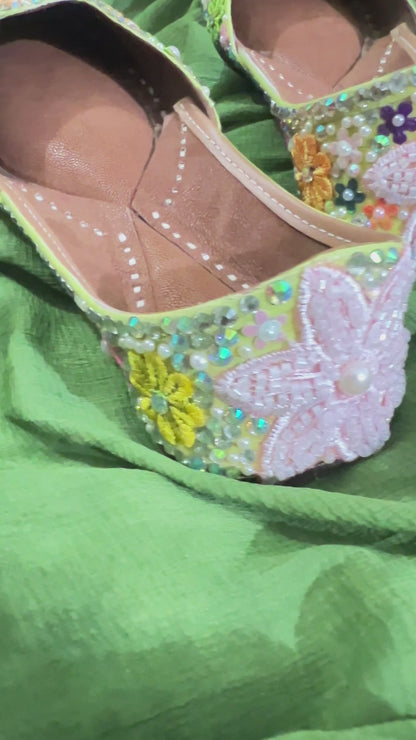 FUNKY N TRENDY “Green Pastel Garden Handcrafted Juttis – Floral Magic” - Green Carnival juttis