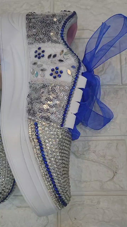 FUNKY N TRENDY rhinestone work bridal sneakers / bridesmaid sneakers/ silver sneakers / silver shoes/ rhinestone sneakers mirror shoes/ bride shoes/ embroidered shoes/ silver and blue sneakers