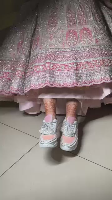 FUNKY N TRENDY peach/pink / pink embroidery sneakers with pearls detailing for brides / bridesmaid sneakers/ pink shoes / peach shoes/ bridal sneakers