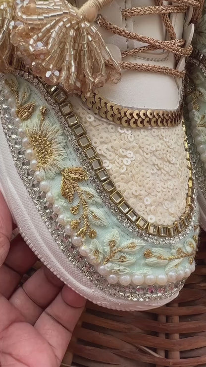 Funky N Trendy mint/ off white / ivory embroidery work bridal sneakers/ bridesmaid sneaker / hancrafted sneakers / gold sneakers / golden sneakers/ green sneakers