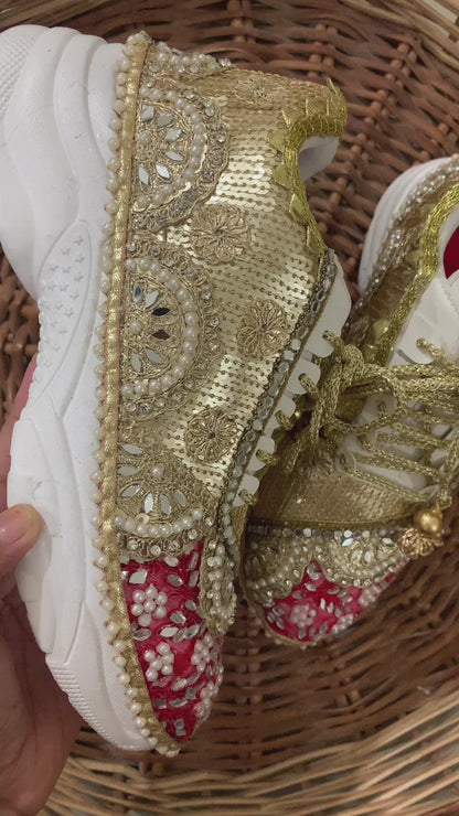 FUNKY N TRENDY red and gold bridal sneakers / bridesmaid sneakers/red sneakers / red shoes /bridal shoes