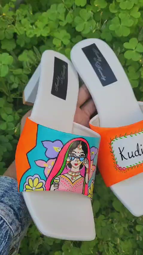 FUNKY N TRENDY hand painted water resistant wedding theme block heels for bride / handpainted heels / quirky heels/ kudi pataka sandals / kudi pataka heels / orange heels