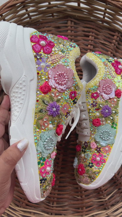 FUNKY N TRENDY “Yellow Pastel Garden Handcrafted Sneakers – Floral Magic”