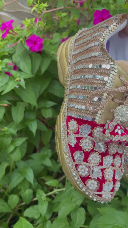 Funky N Trendy handcrafted hand embroidered mirror work bridal sneakers/ bridesmaid sneaker / Rani sneakers /Magenta sneakers/ mirror shoes / women shoes