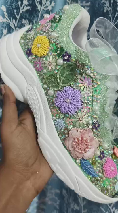FUNKY N TRENDY “Green Pastel Garden Handcrafted Sneakers – Floral Magic” - Green Sneakers