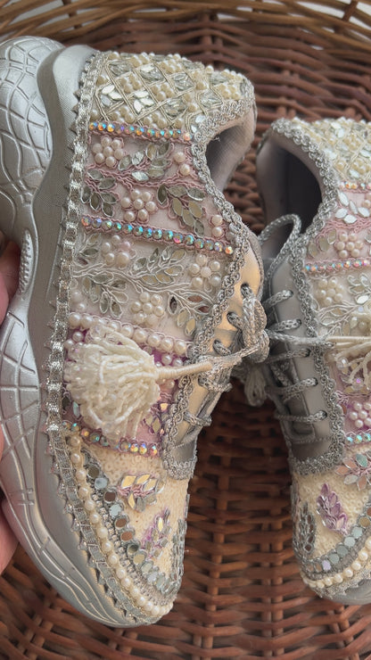 FUNKY N TRENDY lavender & pink with Silver hand work sneakers for brides / bridesmaids/ silver sneakers / lavender sneakers / pink sneakers/ purple sneakers