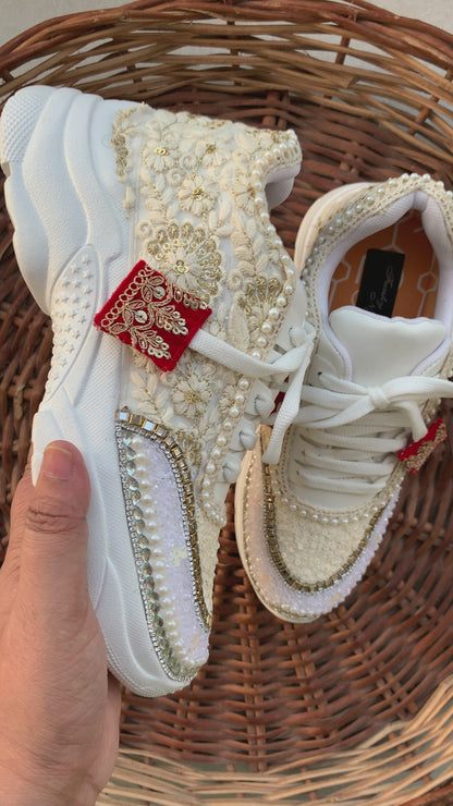 FUNKY N TRENDY ivory minimalistic sneakers with tint of red /pearl detailing for brides /bridesmaids / sneakers for bridesmaids/ handcrafted sneakers/ sequine sneakers / bridal sneakers / bridesmaid sneakers/ ivory sneakers / minimal shoes