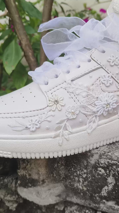 Funky N Trendy white thread work pearl work sneakers with floral detailing / bridal sneakers/ sneaker for bride / white sneakers/ pearl sneakers for bride/custom name initials / wedding date