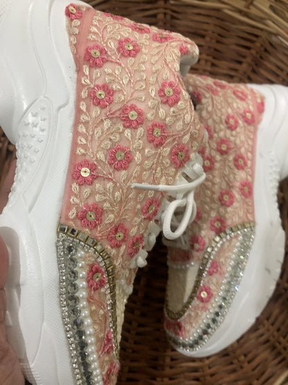 Funky N Trendy hand crafted pink theme bridal sneakers/ bridesmaid sneaker / ivory pink  sneakers/ pink floral theme sneakers / pink shoes