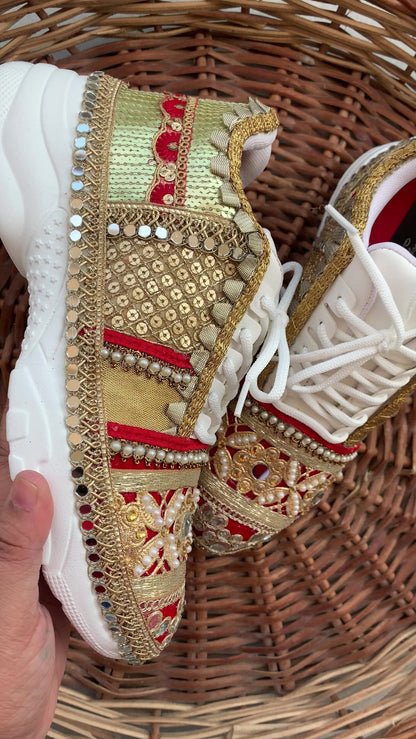 FUNKY N TRENDY red and gold sneakers for brides /bridesmaids / sneakers for bridesmaids/ handcrafted sneakers/ gold sneakers / bridal sneakers / bridesmaid sneakers/ gold sneakers / red shoes