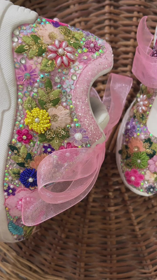 FUNKY N TRENDY fully hand crafted floral work with beads rhinestones cutdana etc /bridal sneakers / bridesmaid sneakers/ floral sneakers /colorful sneakers /bridal shoes / haldi mahendi shoes/ multi color shoes / pink sneakers