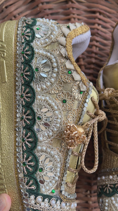 FUNKY N TRENDY Green and Gold intricate hand work sneakers for brides / bridesmaids / green sneakers / bottle green sneakers / green shoes / golden sneakers