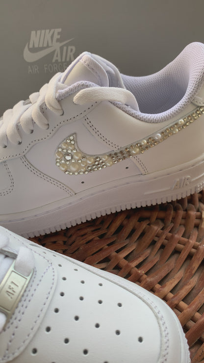 FUNKY N TRENDY hand crystalized rhinestone and pearl work done on Nike Airforce/bridal sneakers / bridesmaid sneakers/ silver sneakers / silver shoes/custom nike /customized nike for bride