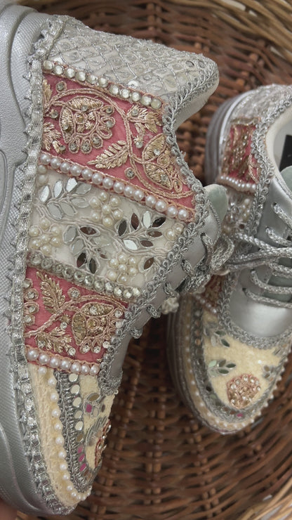 FUNKY N TRENDY hand work bridal sneakers / bridesmaid sneakers/ silver sneakers / silver shoes/mirror sneakers mirror shoes/ bride shoes/ red and silver sneakers
