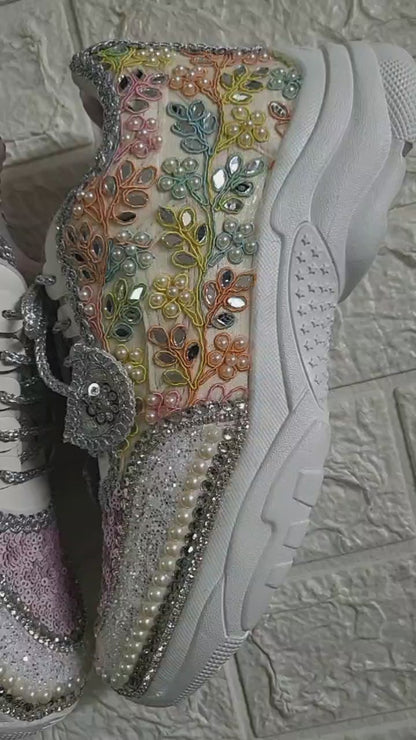 FUNKY N TRENDY hand crafted pastel bridal sneakers / boho sneakers / pastel sneakers / embroidery sneakers / sneakers for bride/ bridal shoes / multi colored shoes / pastel shades / ivory with pastel colors/ embroidery shoes/ purple shoes / levender shoes