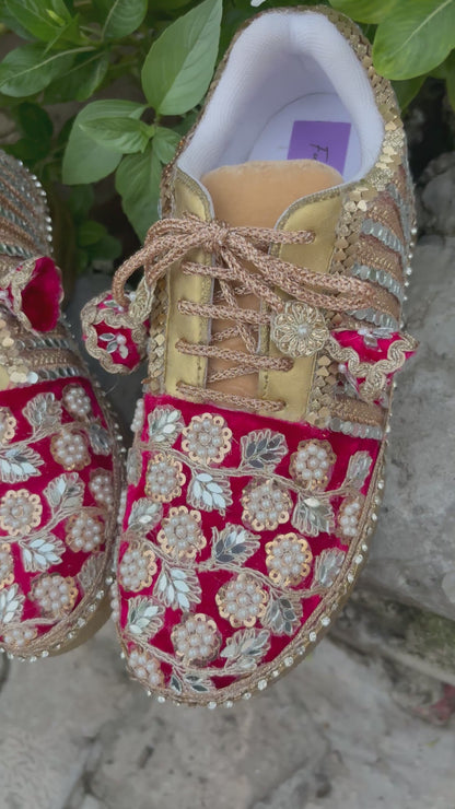 Funky N Trendy handcrafted hand embroidered mirror work bridal sneakers/ bridesmaid sneaker / Rani sneakers /Magenta sneakers/ mirror shoes / women shoes