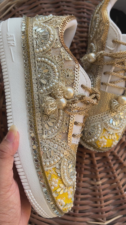 FUNKY N TRENDY gold and yellow sneakers for brides / yellow sneakers for bridesmaids/ gold sneakers / bridal sneakers / bridesmaid sneakers/ golden hand work sneakers/ yellow shoes / haldi sneakers