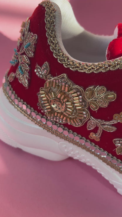 Funky N Trendy Peacock Magic Red Bridal Sneakers – Dance-Ready & Personalised