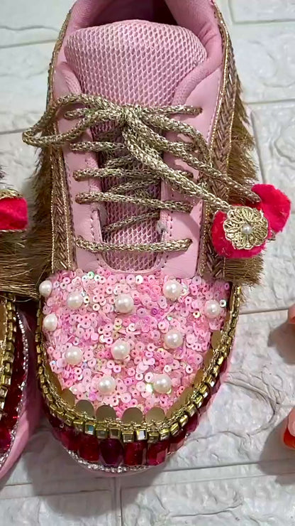 Funky N Trendy Hot pink sequine work with stone detailing bridal sneakers/ bridesmaid sneaker / golden sneakers/ hot pink sneakers / pink shoes for bride/ rani pink sneakers