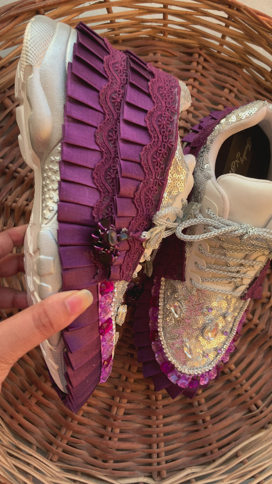 FUNKY N TRENDY eggplant & Silver color hand work sneakers for brides / bridesmaids/ silver sneakers / dark purple sneakers / eggplant color shoes