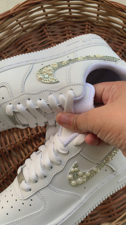 FUNKY N TRENDY hand crystalized rhinestone and pearl work done on Nike Airforce/bridal sneakers / bridesmaid sneakers/ silver sneakers / silver shoes/custom nike /customized nike for bride