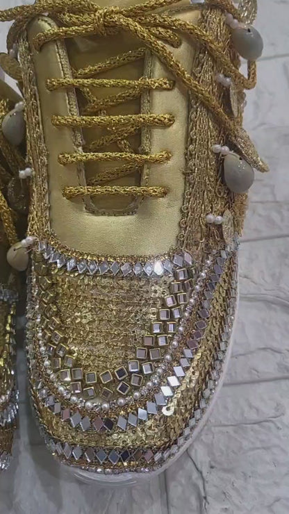 FUNKY N TRENDY gold sneakers for brides / gold sneakers for bridesmaids/ gold sneakers / bridal sneakers / bridesmaid sneakers/ golden hand work sneakers / gold sneakers / embroidered sneakers