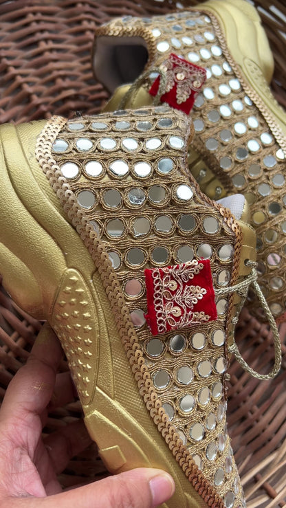 FUNKY N TRENDY gold mirror heeled sneakers for brides and bridesmaids