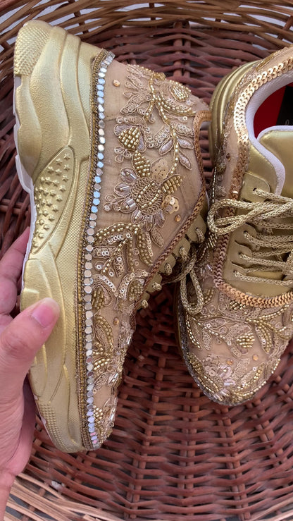 Funky N Trendy hand crafted golden bridal sneakers bridesmaid sneakers/ gold sneakers / golden sneakers / golden embroidery sneakers with tint of hot pink tassels