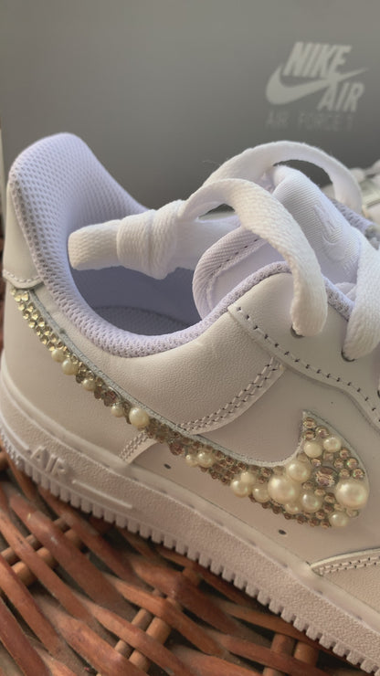 FUNKY N TRENDY hand crystalized rhinestone and pearl work done on Nike Airforce/bridal sneakers / bridesmaid sneakers/ silver sneakers / silver shoes/custom nike /customized nike for bride