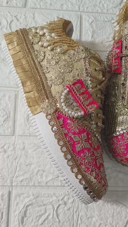 FUNKY N TRENDY hot pink sneakers with rhinestone detailing for brides /bridesmaids / sneakers for bridesmaids/ handcrafted sneakers/ sequine sneakers / bridal sneakers / bridesmaid sneakers/ pink sneakers / gold shoes/ rani pink sneakers
