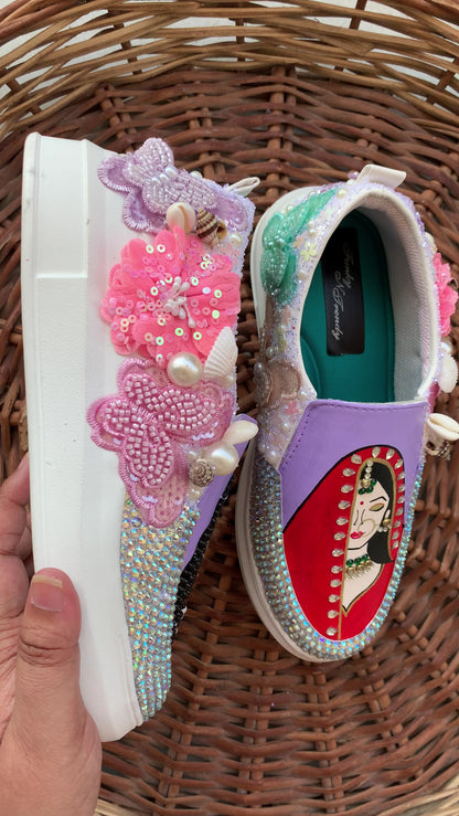 Funky N Trendy hand painted with water resistant colors, rhinestone work bridal sneakers/ bridesmaid sneaker / colorful sneakers/ floral sneakers / slip on shoes