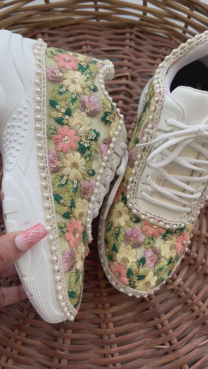 FUNKY N TRENDY fully hand crafted floral work sneakers /bridal sneakers / bridesmaid sneakers/ floral sneakers /colorful sneakers /bridal shoes / haldi mahendi shoes/ green sneakers