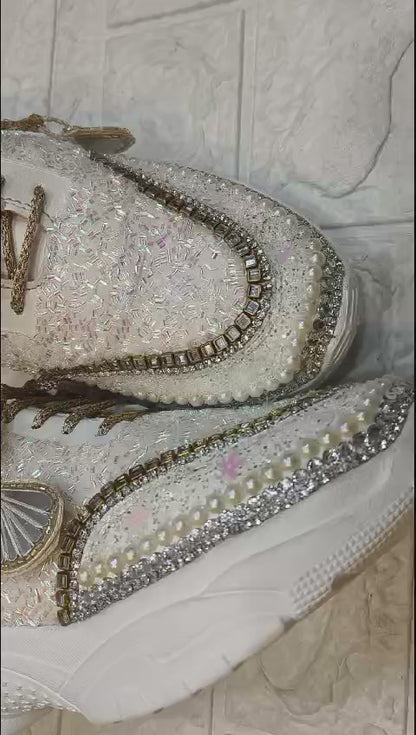 Funky N Trendy white hand work sneakers / bridal sneakers/ sneaker for bride / white sneakers/ pearl sneakers for bride/ bridesmaid sneakers / pearls sneakers