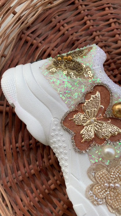 FUNKY N TRENDY gold butterfly embroidery sneakers for brides /gold embroidered sneakers/ handcrafted sneakers/ butterfly sneakers / bridal sneakers / bridesmaid sneakers/ gold and white hand work sneakers